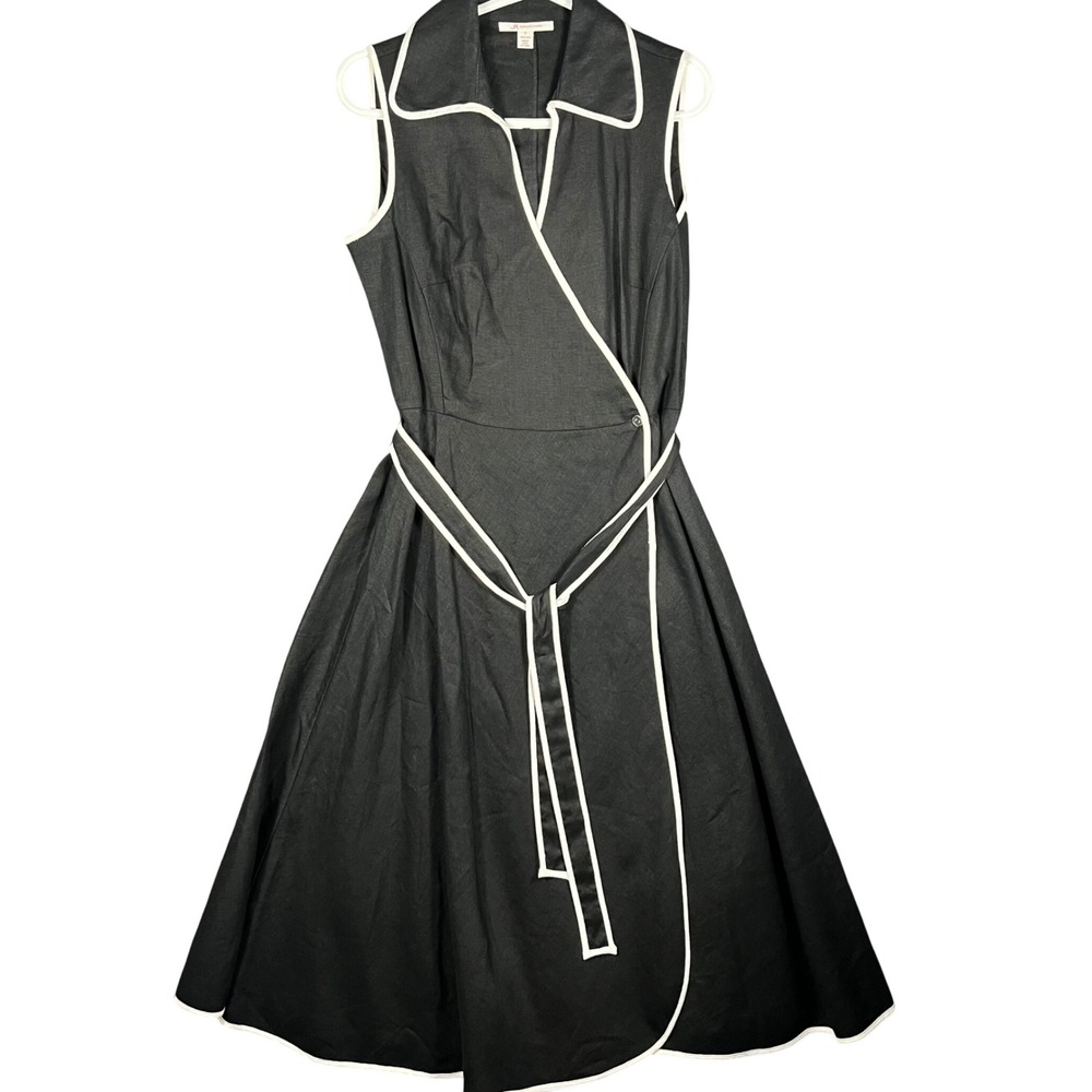 JM Collection Linen Wrap Dress Womens 8 Black White Contrast Piping Sleeveless